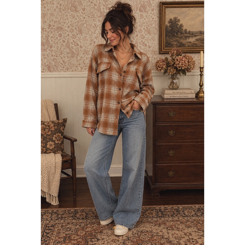 Orange, Brown & Cream Plaid Oversized Shacket – Size Large
